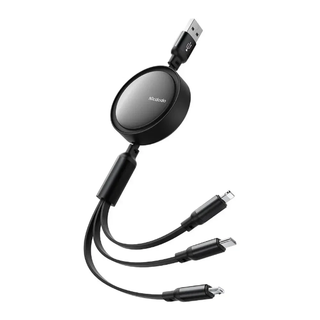 Picture of Mcdodo CA-7256 Drum Pro 3ü 1 Arada Geri Çekilebilir USB-A to Lightning + Micro USB + USB-C Şarj ve Veri Kablosu 1.2M