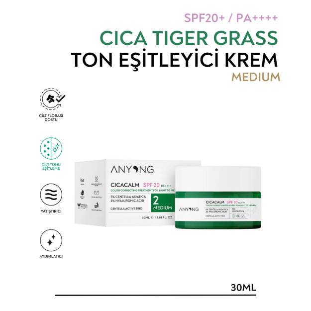 Picture of Anyong Cica Tiger Grass Ton Eşitleyici Ve Kızarıklık Karşıtı Krem Medium 20 Spf 30 ml Orta Cilt Tonları
